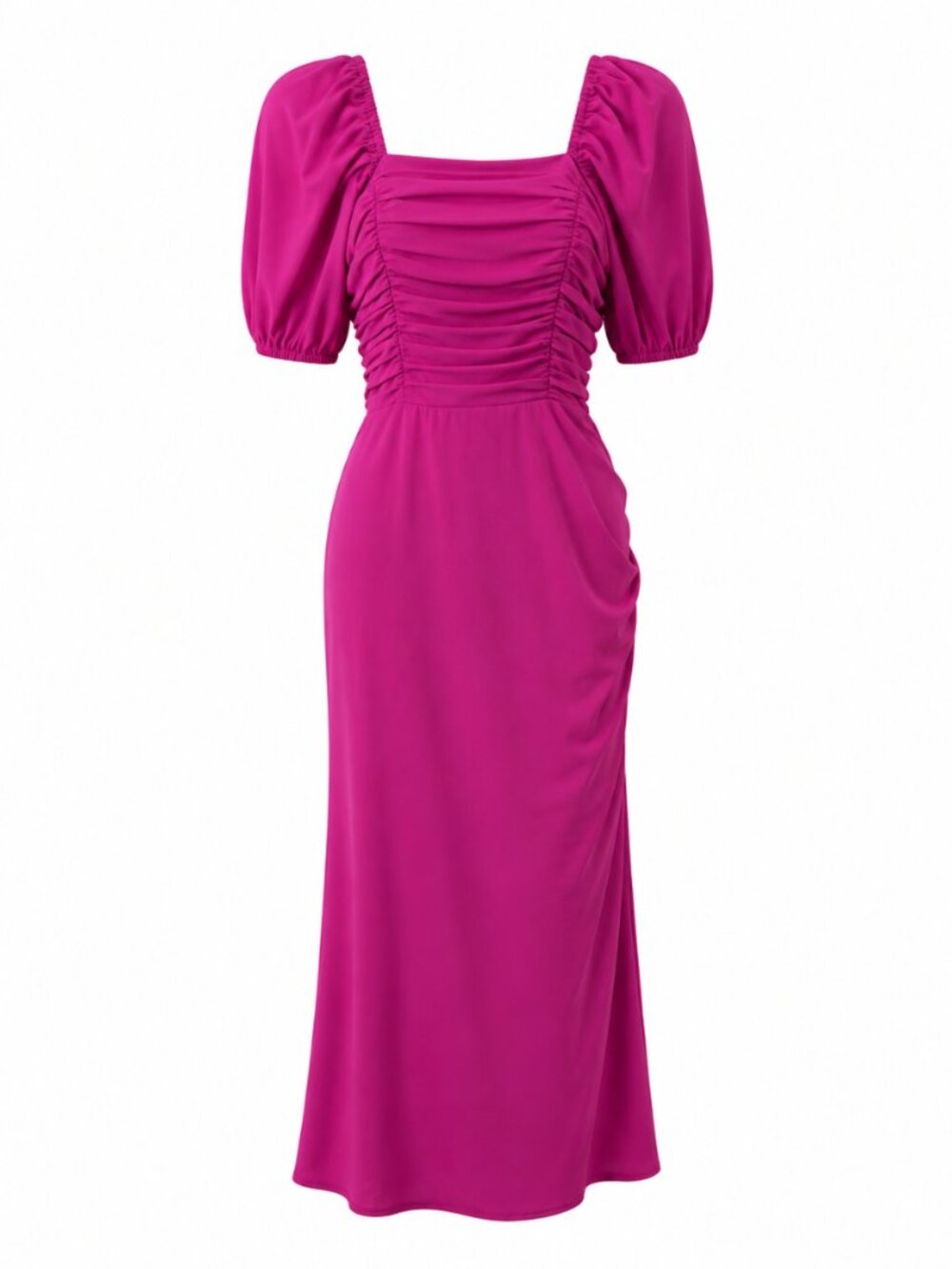 French Connection Hot Pink Puff Sleeve Ruched Midi Dress XS